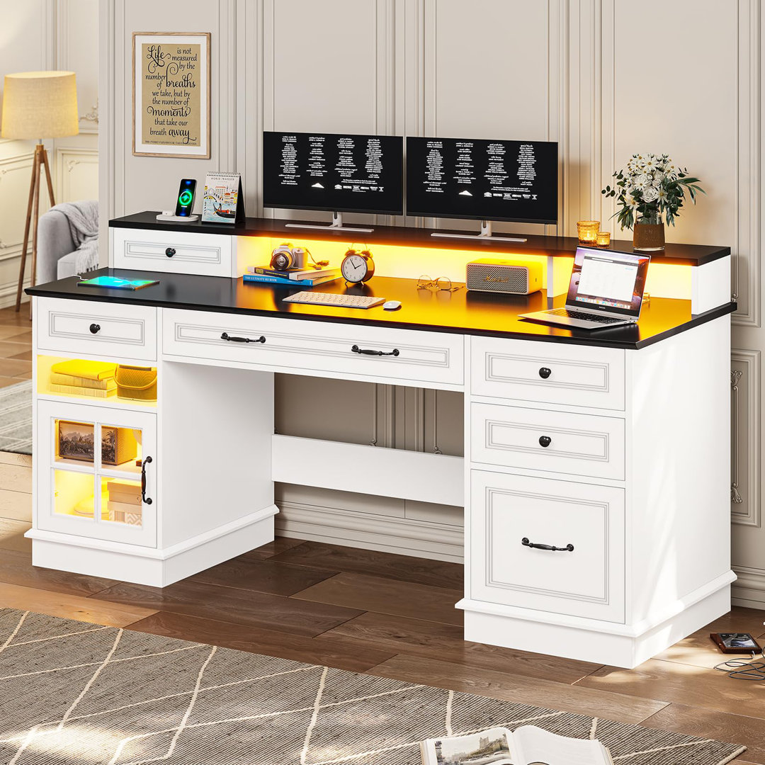 59" Computer Desk With 5 Drawers And Charging Station, Farmhouse Office Desk For Home Office